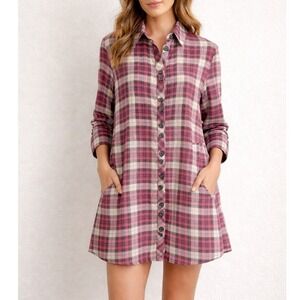POL Plaid Shirt Dress Women's Small Pink Button Front Pockets Casual Boho-chic